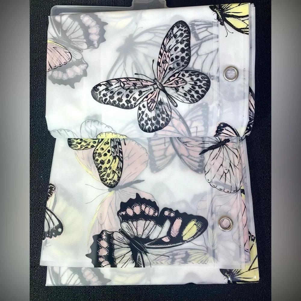 13-pc Butterfly PEVA Shower Curtain Semi-Clear Yellow Pink Butterflies Hooks NWT